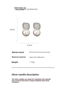 Detail showing dimensions of zircon square pearl earrings with 925 silver needles