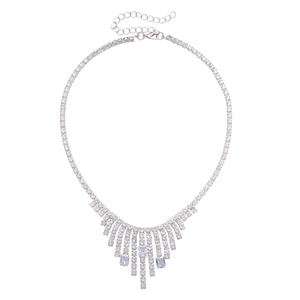 Silver tassels necklace with geometric square zircon stones for luxury evening wear