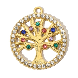 Golden Tree of Life pendant with colorful rhinestones on a clean white background