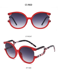 Detailed front and side views of red round fashion sunglasses with plastic frames
