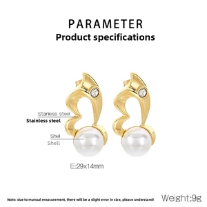Detailed parameter diagram showing 29x14mm gold heart earrings with shell pearls
