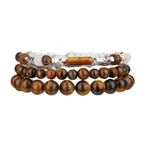 Handmade triple-layer tiger eye stone beaded bracelet with vintage silver accents