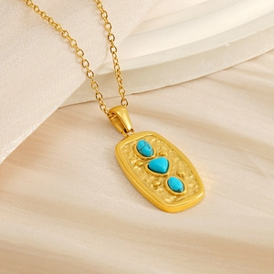Vintage Turquoise Heart Pendant Necklace 18K Gold Plated Stainless Steel Geometric Hammered Texture Jewelry For Women