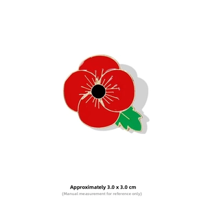 Detailed close-up of a red poppy flower brooch made of alloy and enamel with size specs