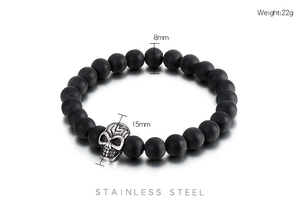 Detail view of 8mm matte black beads and stainless steel skull bracelet with dimensions