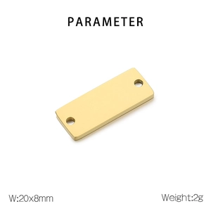 Macro detail of 20x8mm gold stainless steel rectangle connector with dimensions and weight