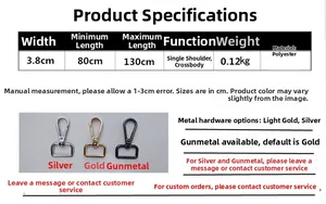 Adjustable 3.8cm polyester shoulder strap detail with gold, silver and gunmetal hardware