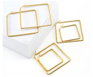 Three pairs of polished gold square hoop earrings in large, medium, and small sizes