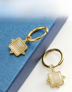 Detail of 18K gold plated square cat eye stone earrings with vintage beaded edge design
