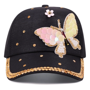 Casquette de baseball en jean avec strass brillants et décor papillon 3D en paillettes
