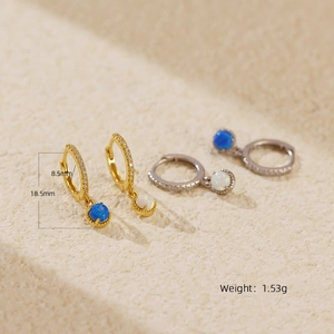 Elegant s925 silver hoop earrings with round opal pendants and cubic zirconia stones