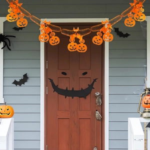 Halloween home party decoration set with pumpkin garland, black bat stickers and ghost door kit