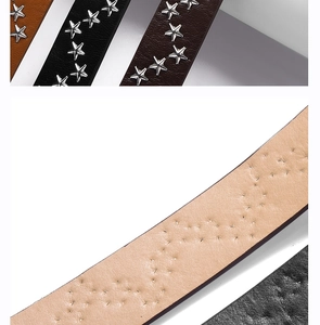 Detailed view of vintage PU leather belts featuring metallic star rivets and back stitching