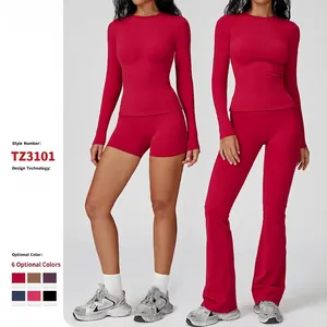 Ensemble de Yoga Slim pour Femmes Top And Bottom T-Shirt de Sport à Manches Longues et Col Rond avec Legging Évasé Taille Haute