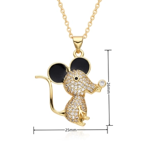 Detail view of gold-plated mouse pendant with cubic zirconia and size dimensions