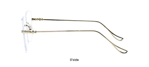 Side view detail of gold rimless sunglasses featuring ornate metal cross hinge design