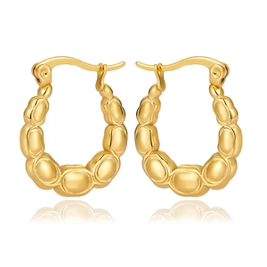 Detailed view of gold plated 18K stainless steel earrings with oval bead design