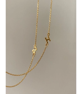Macro detail of golden S and H letter pendants on elegant fine link chain necklaces