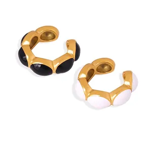 Vintage French Style Ear Cuffs Gold Plated Titanium Steel Geometric Enamel Clip On Earrings For Women Non Pierced Jewelry