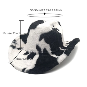Cow print plush western cowboy hat with sizing guide 56-58cm for women winter style