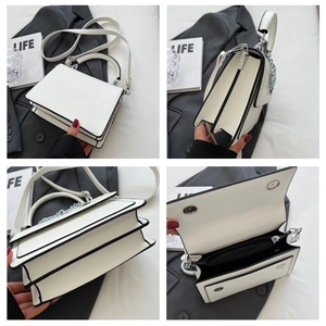Detailed views of the white crossbody bag featuring silver chain accents and black trim