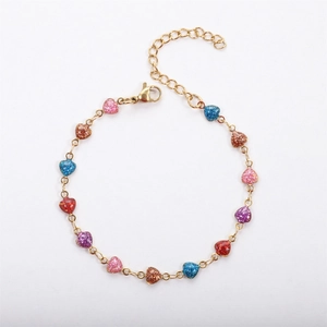 18k gold plated stainless steel bracelet with colorful glitter heart charms and link chain