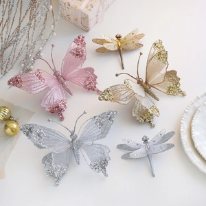Butterfly Dragonfly Christmas Ornaments Mesh Glitter Faux Artificial Pearl Hanging Decorations For Holiday Tree Party
