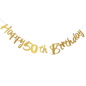 Metallic gold Happy 50th Birthday banner with hanging string for party decor