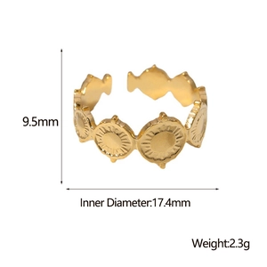 Adjustable 18k gold plated sun relief ring in stainless steel with size dimensions