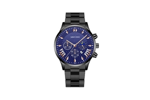 Detail of blue sunray dial with rose gold markers on black steel men's chronograph watch
