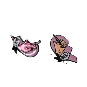 Pink enamel heart badges set featuring hands with cigarette and pen, Buds Best pins