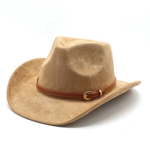 Classic camel faux suede western cowboy hat with a brown belt strap and metal buckle