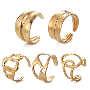 5-piece gold plated geometric hollow open ring set with matte and polished textures