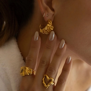 18K gold plated stainless steel lava earrings and heart ring set in minimalist style