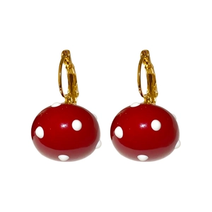 French vintage gold-plated hoop earrings with red and white polka dot pattern