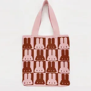 Minimalist rabbit checkerboard knit tote bag in soft pink and brown woven fabric