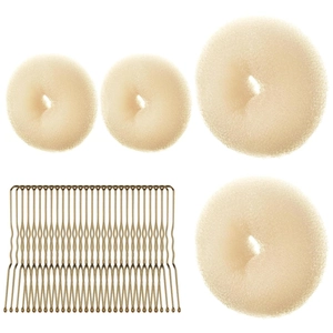 5-piece hair styling set with beige mesh bun makers and a metal comb on white background