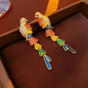 Detailed view of parrot earrings featuring colorful enamel feathers and crystal pavé
