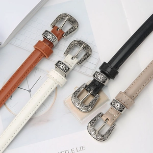 Vintage PU leather skinny belts for women with engraved silver buckle in four colors