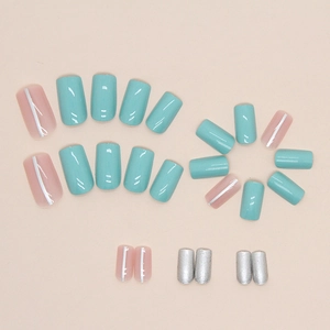 Elegant lake blue and pink press-on nails set with silver glitter finish and stripes