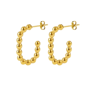 Fashionable gold beaded C-shaped hoop earrings in titanium steel for women in white background