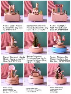Macro shot of 9 wooden music boxes featuring landmarks and romantic scenes
