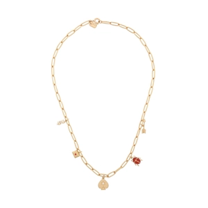 Gold chain necklace with five unique charms including heart envelope and sun pendant