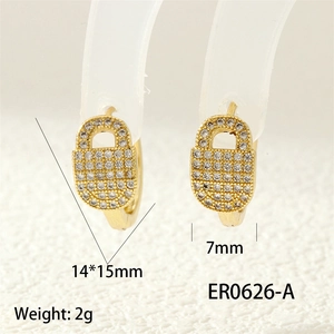 Detailed view of gold padlock earrings with pavé crystals measuring 14x15mm and 2g weight