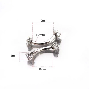 Curved barbell piercing jewelry with clear zircon stones and precise size measurements