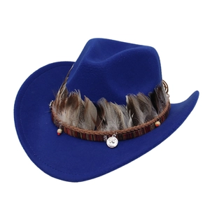 Dark blue felt cowboy hat with ethnic feather trim and woven bead band details