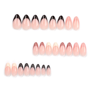 French tip press-on nails in nude pink and black with elegant almond shape, 24 pieces set