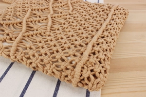 Close-up of beige macramé cotton rope weave texture on a minimalist tote bag