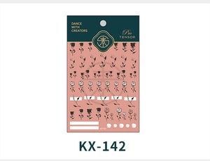 Detailed view of Rose pattern KX-142 5D thin nail stickers with black and white floral motifs