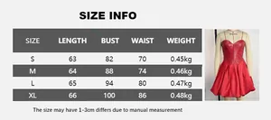 Guide des tailles pour robe bustier en satin bouffante avec mesures de buste et taille